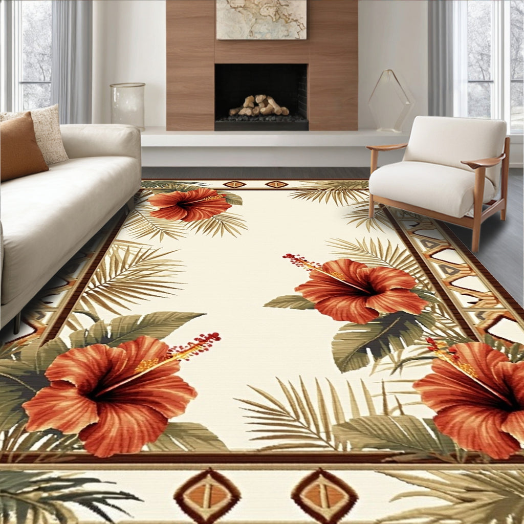 Terracotta Tropical Hibiscus Border Rug(Beige)