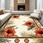 Terracotta Tropical Hibiscus Border Rug(Beige)