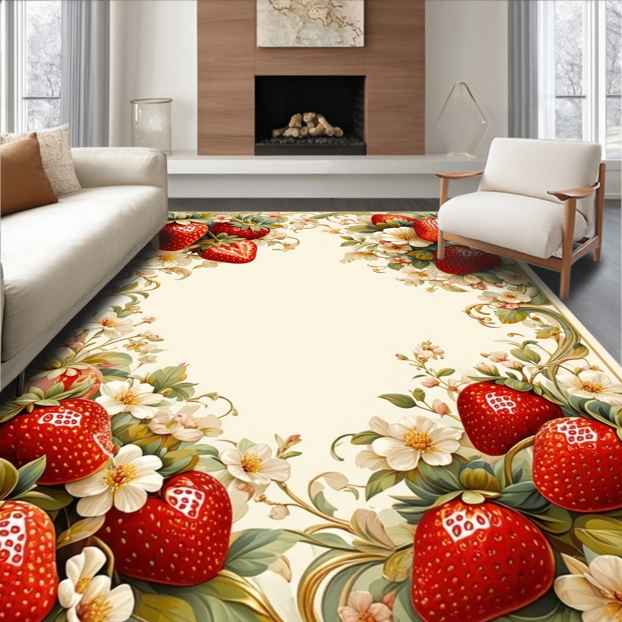 Cream Strawberry Floral Cheerful Rug(White)