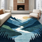 Navy Teal Mountain Landscape Rug