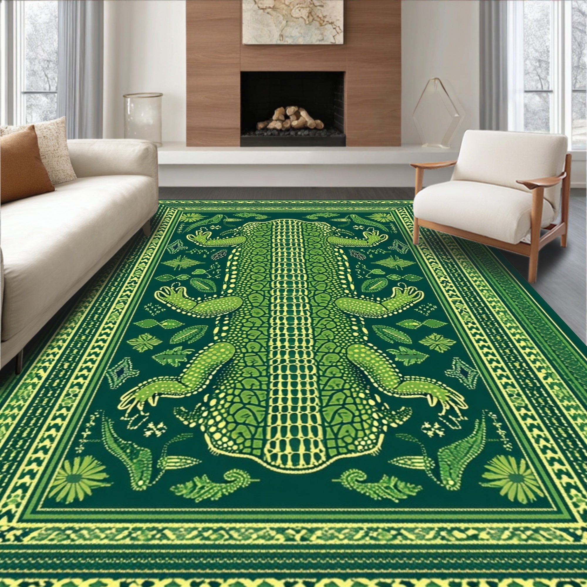 Vibrant Green Alligator & Floral Print Rug(Green)