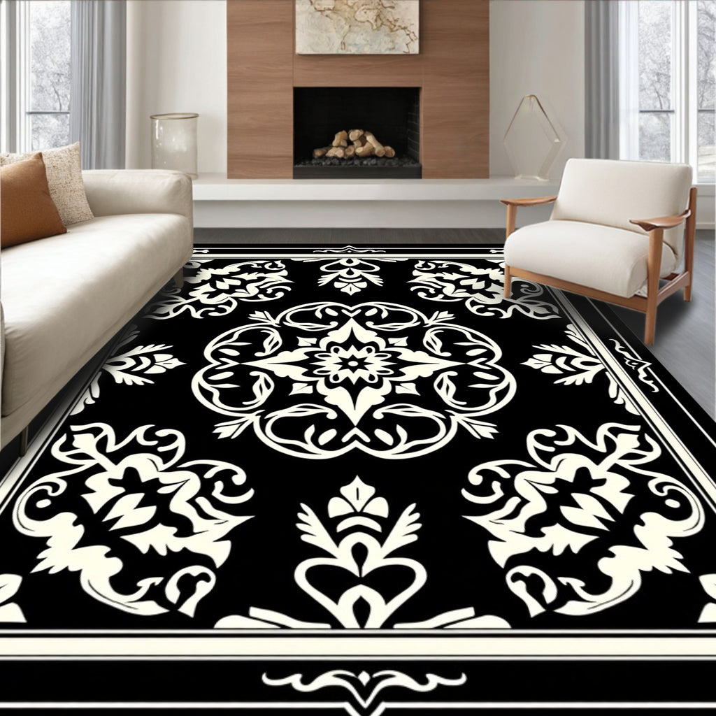 Black & White Ornate Medallion Elegant Rug(Black)