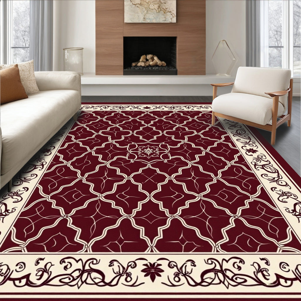 Burgundy Cream Geometric Floral Elegant Rug(Burgundy)