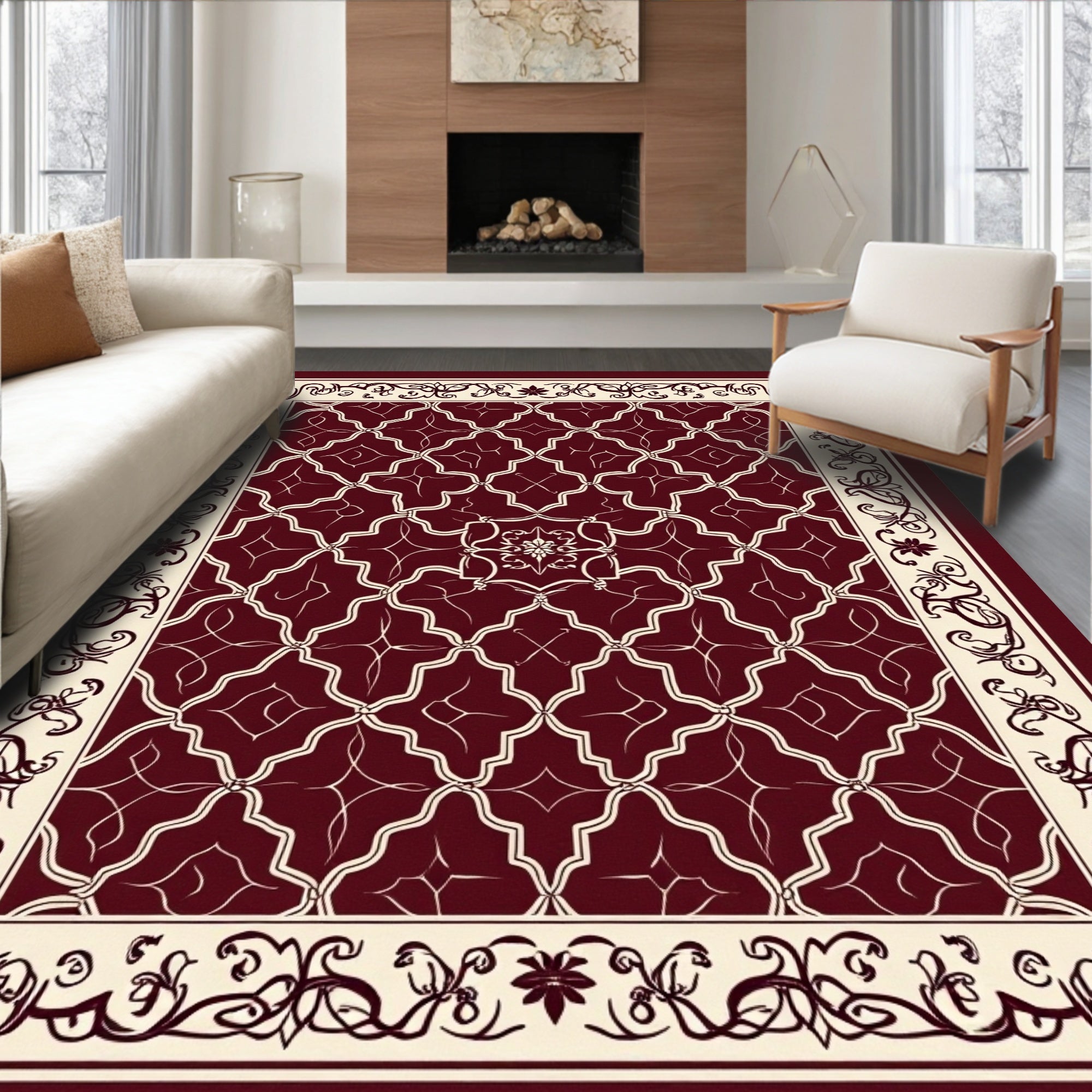 Burgundy Cream Geometric Floral Elegant Rug(Burgundy)
