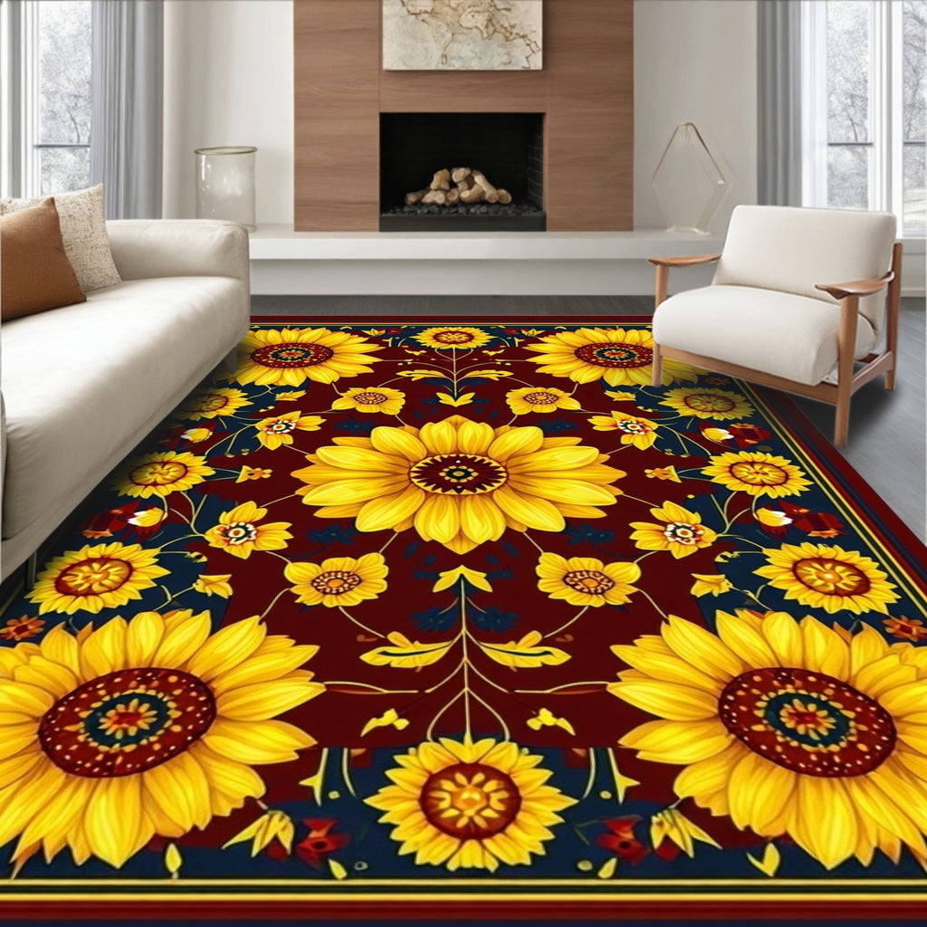 Cheerful Sunflower Floral Burgundy Rug(Yellow)