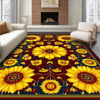 Cheerful Sunflower Floral Burgundy Rug(Yellow)