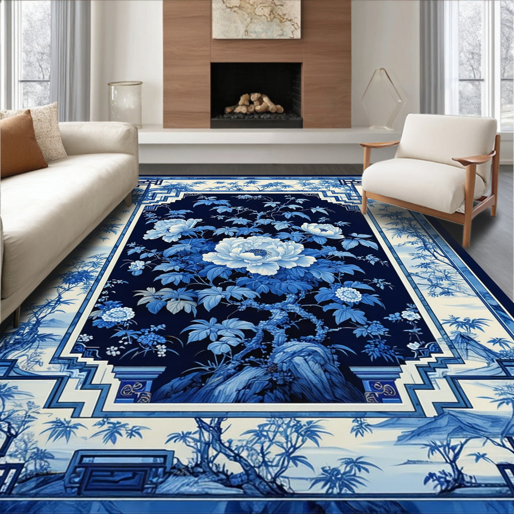 Serene Blue-and-White Traditional Floral Rug(Blue)