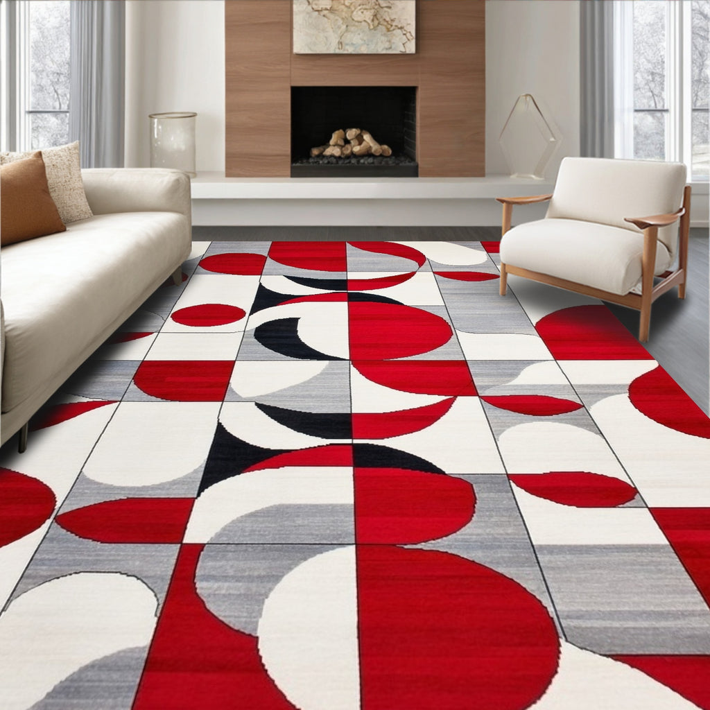 Bold Red Abstract Geometric Rug