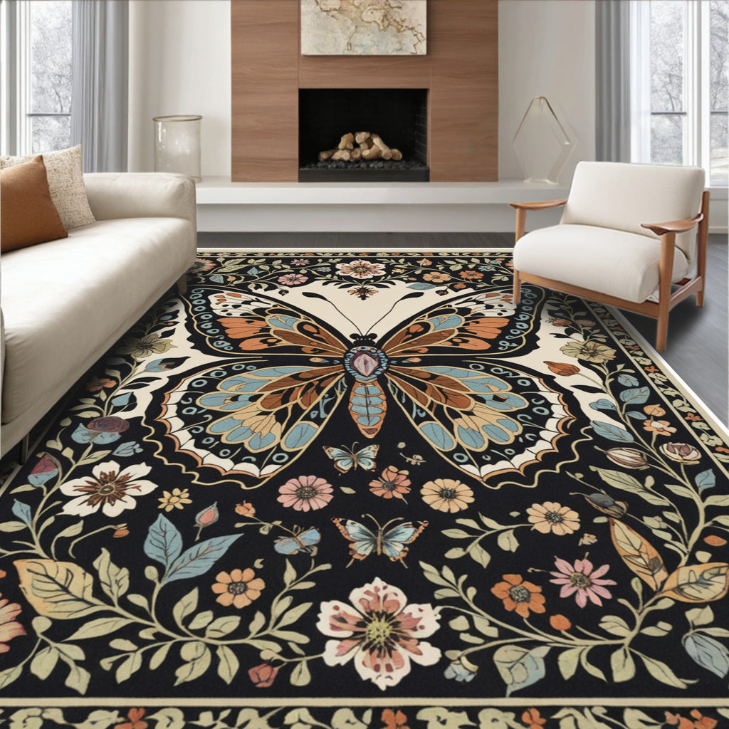 Black Butterfly Floral Whimsical Rug(Black)