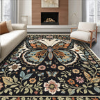 Black Butterfly Floral Whimsical Rug(Black)