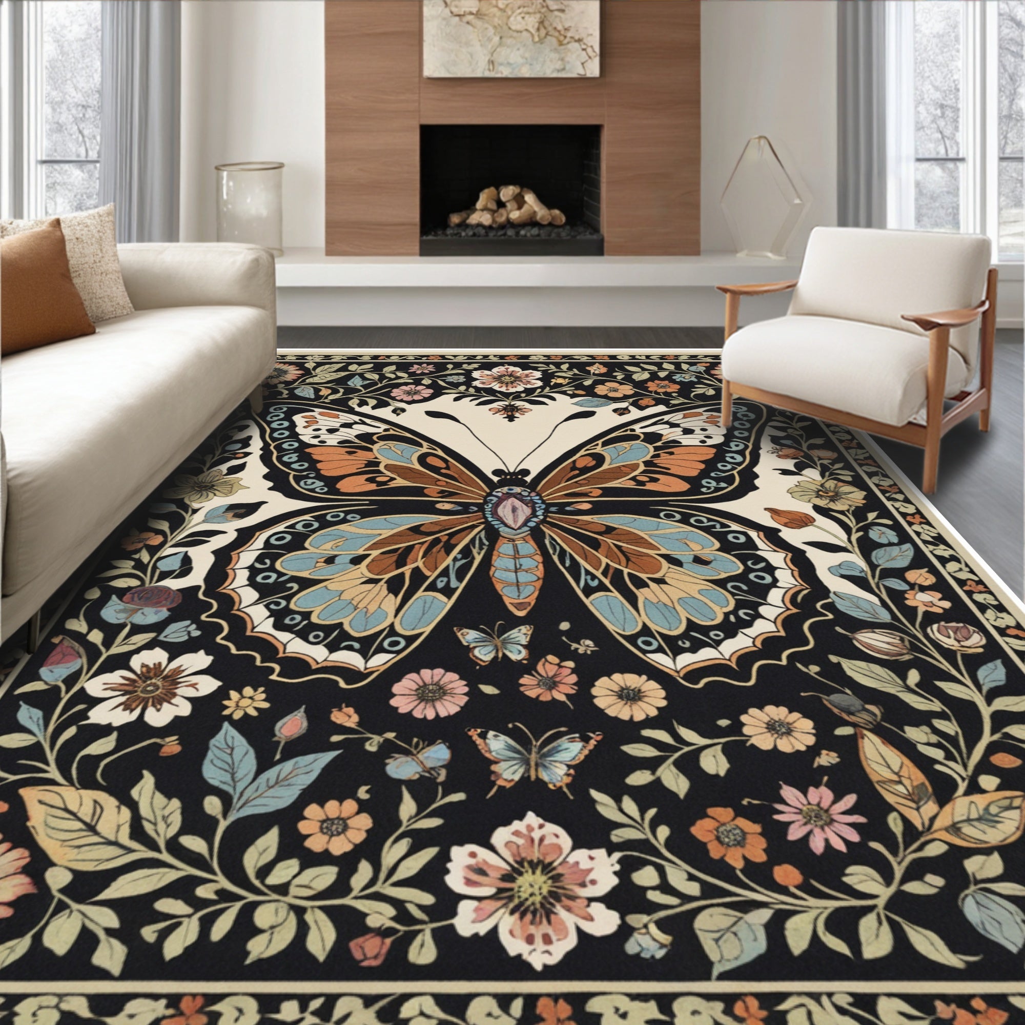 Black Butterfly Floral Whimsical Rug(Black)