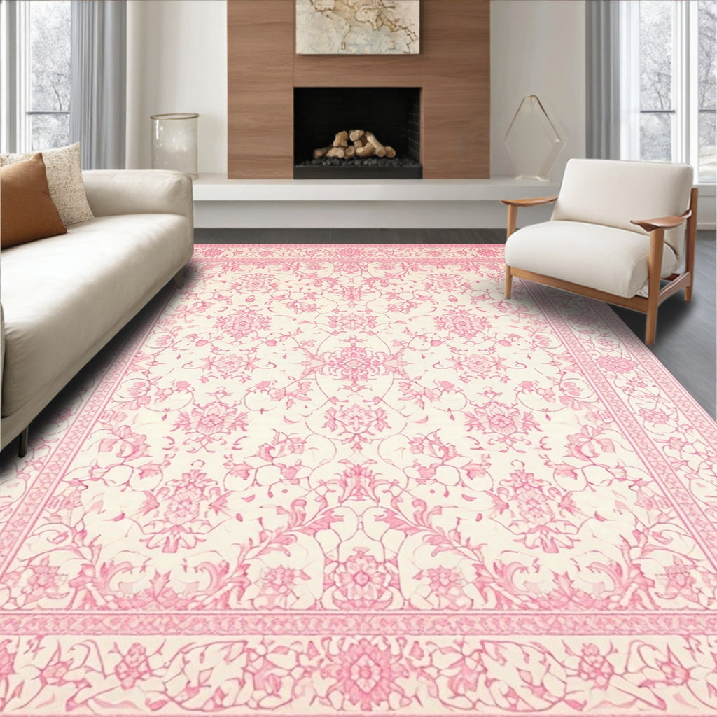 Pink Elegant Ornate Floral Rug(Pink)