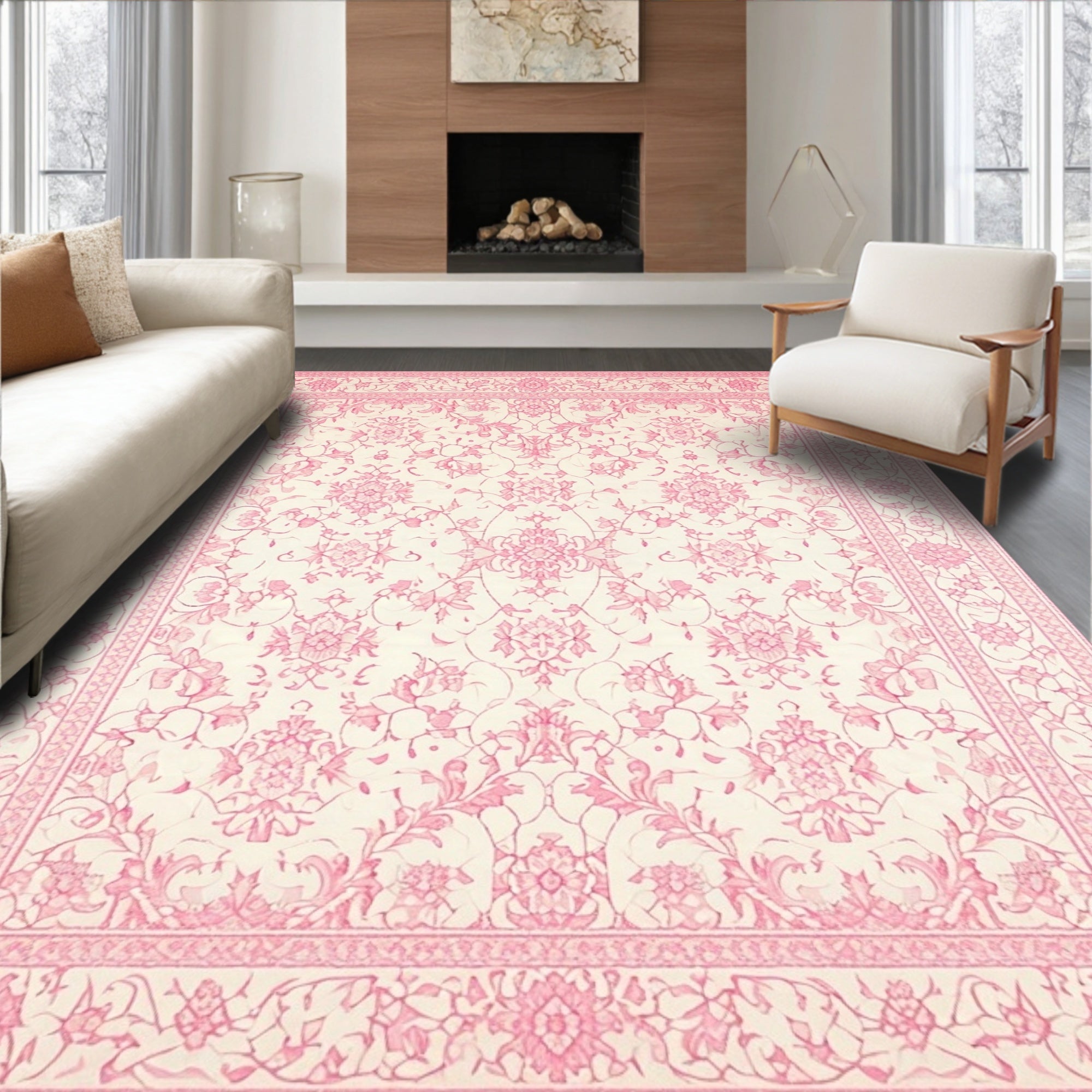 Pink Elegant Ornate Floral Rug(Pink)