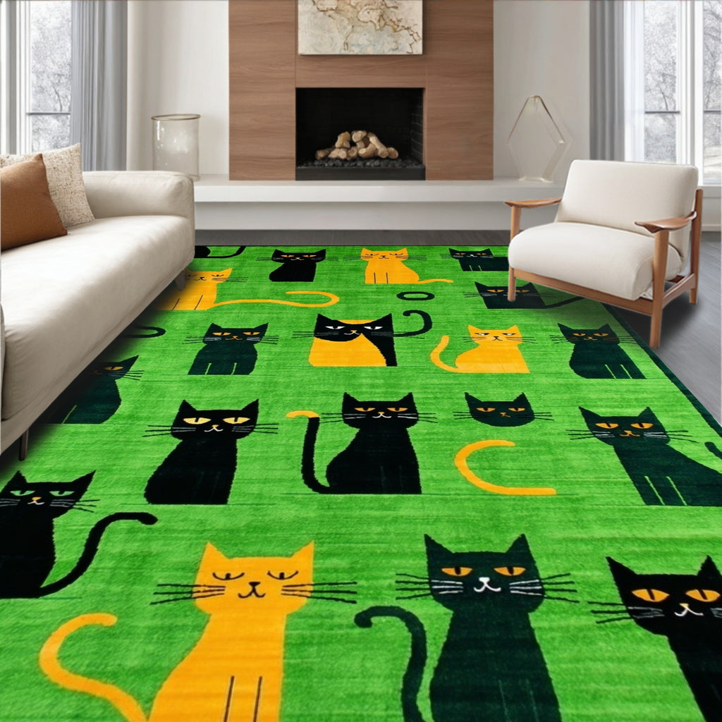 Green Whimsical Cat-Print Rug(Green)