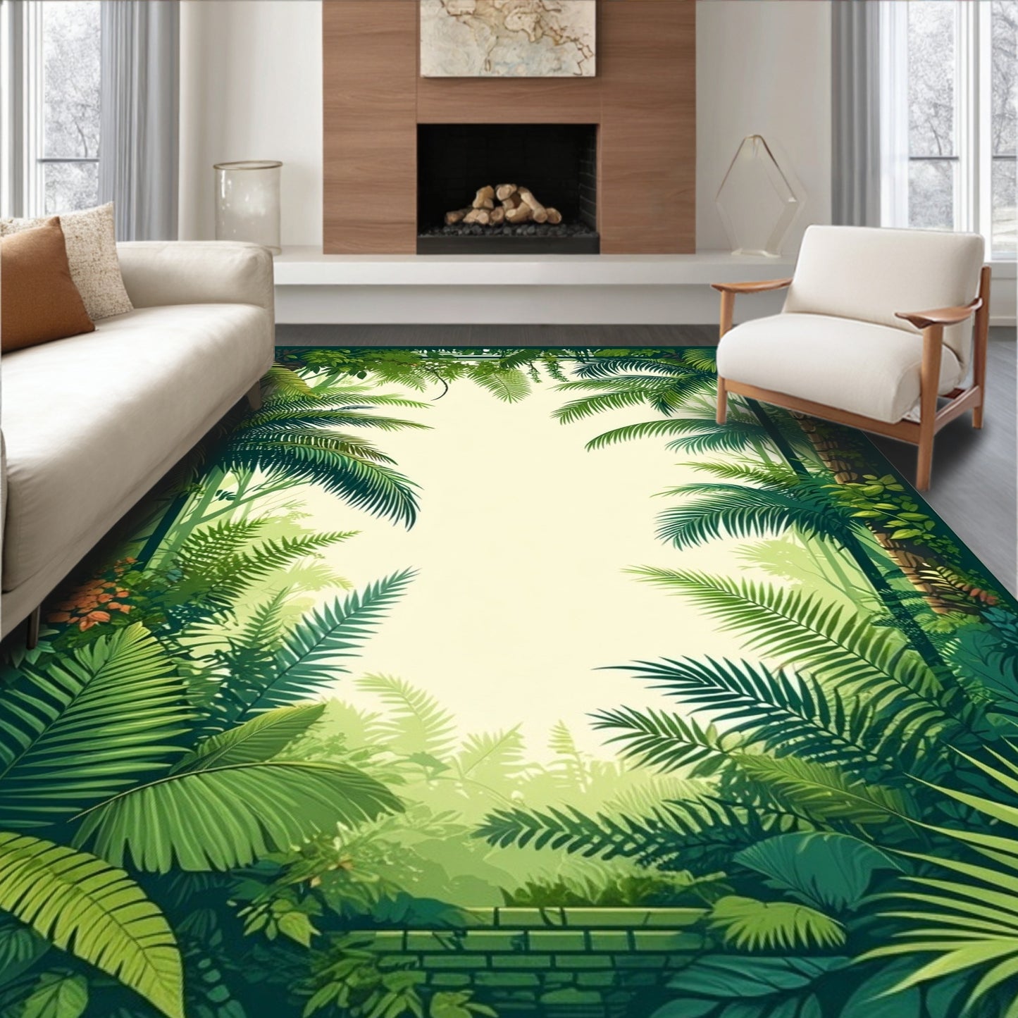 Lush Green Tropical Foliage Frame Rug(Green)