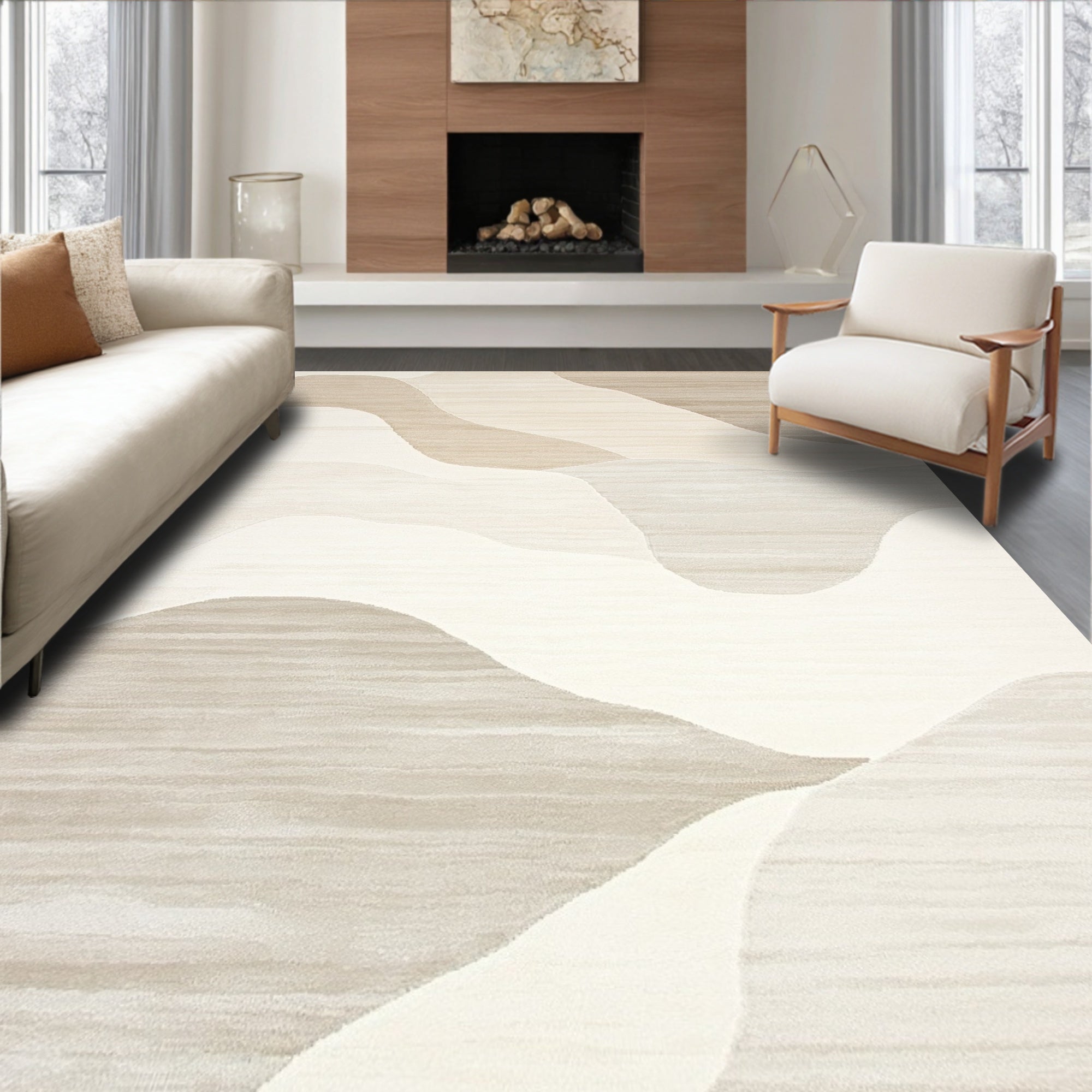 Serene Beige Cream Wave Rug(Beige)