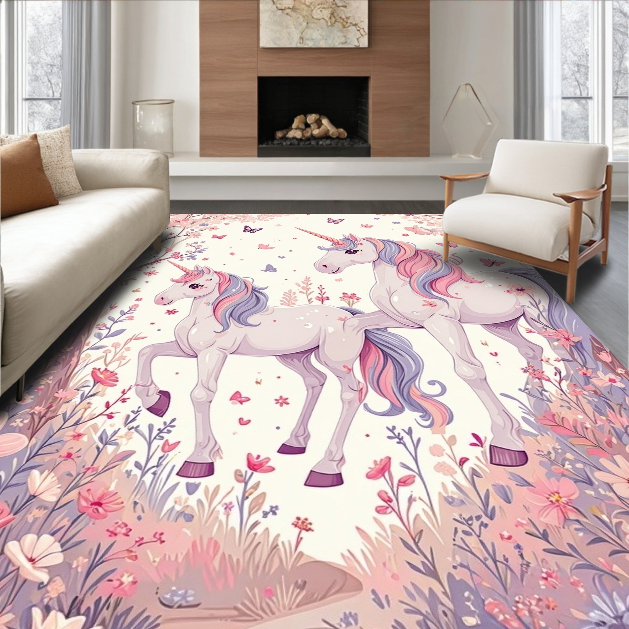 Pastel Unicorn Floral Whimsical Rug(Pink)