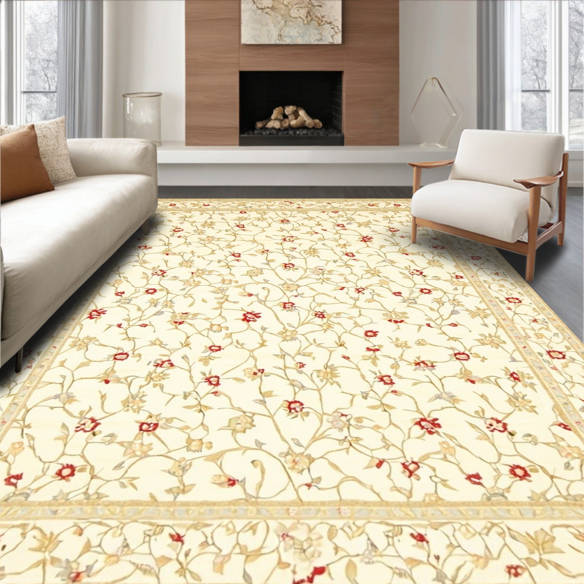 Cream Vining Florals Serene Rug(Beige)