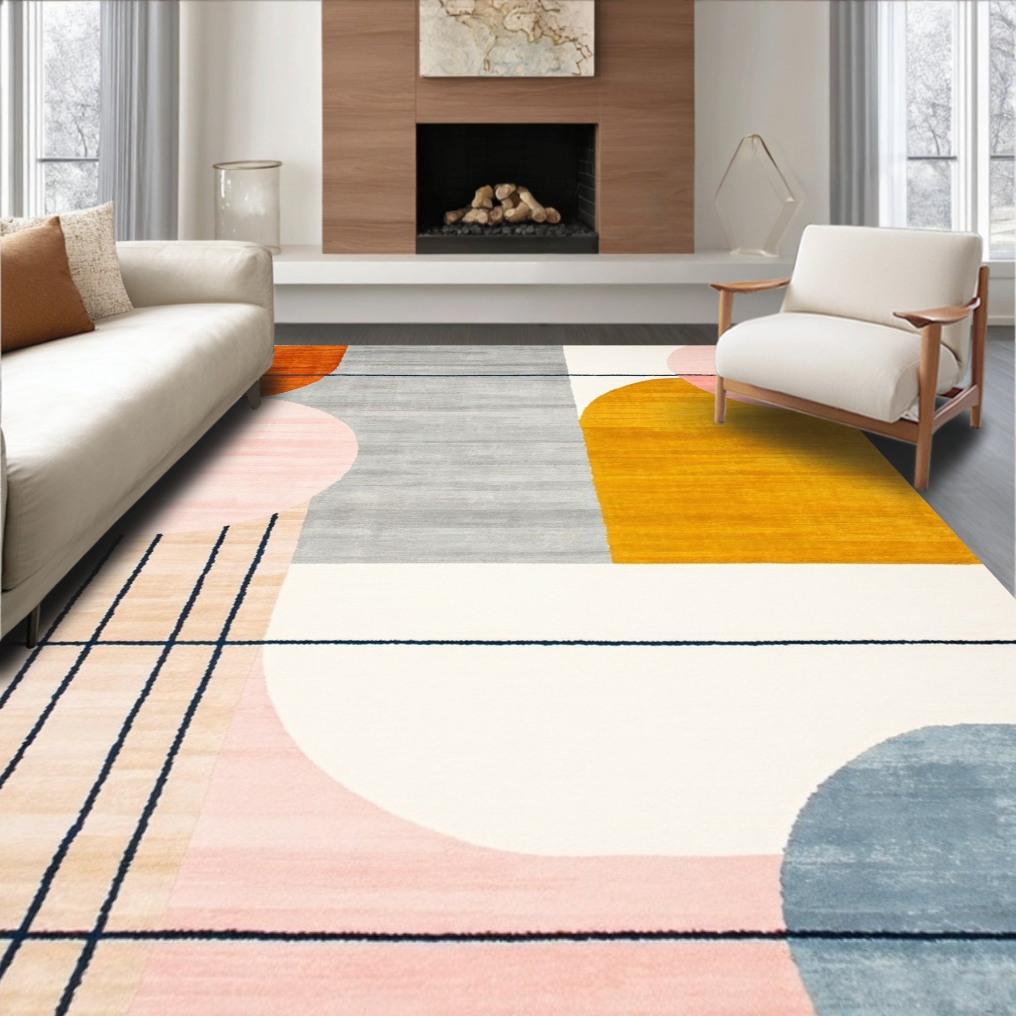 Pink Gray Mustard Geometric Modern Rug