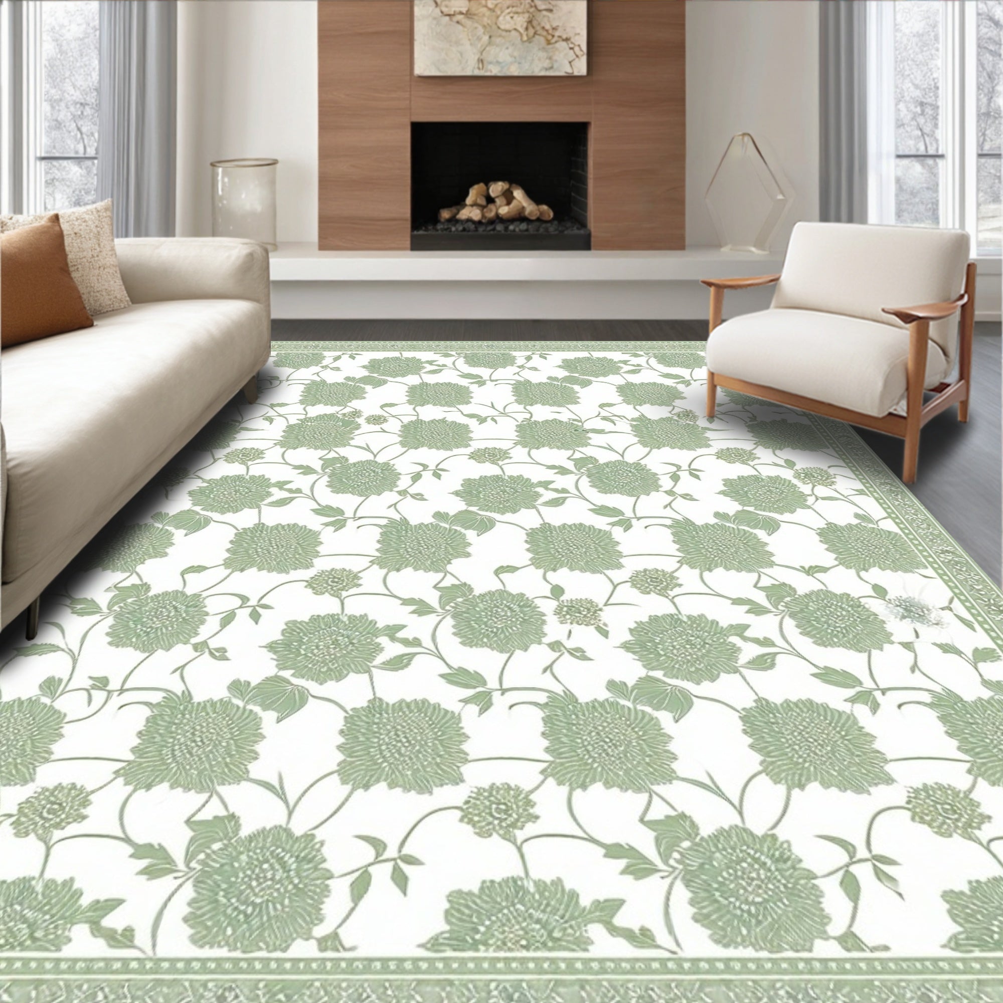 Sage Green Floral Serene Rug(White)