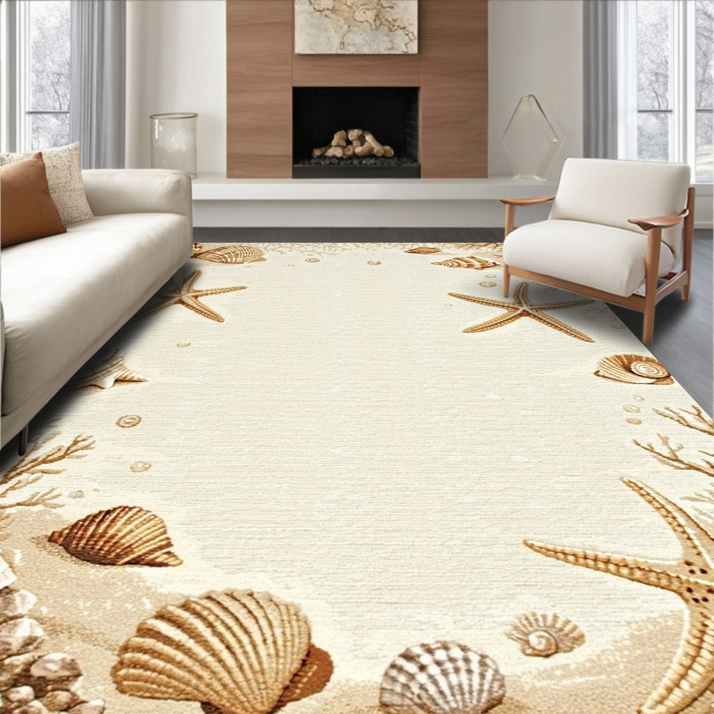 Beige Coastal Seashell Starfish Tranquil Rug(Beige)