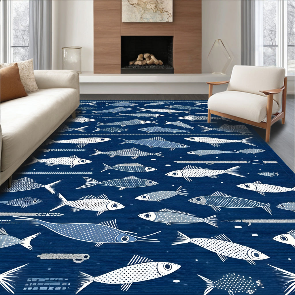 Navy Blue Playful Fish Pattern Rug(Blue)