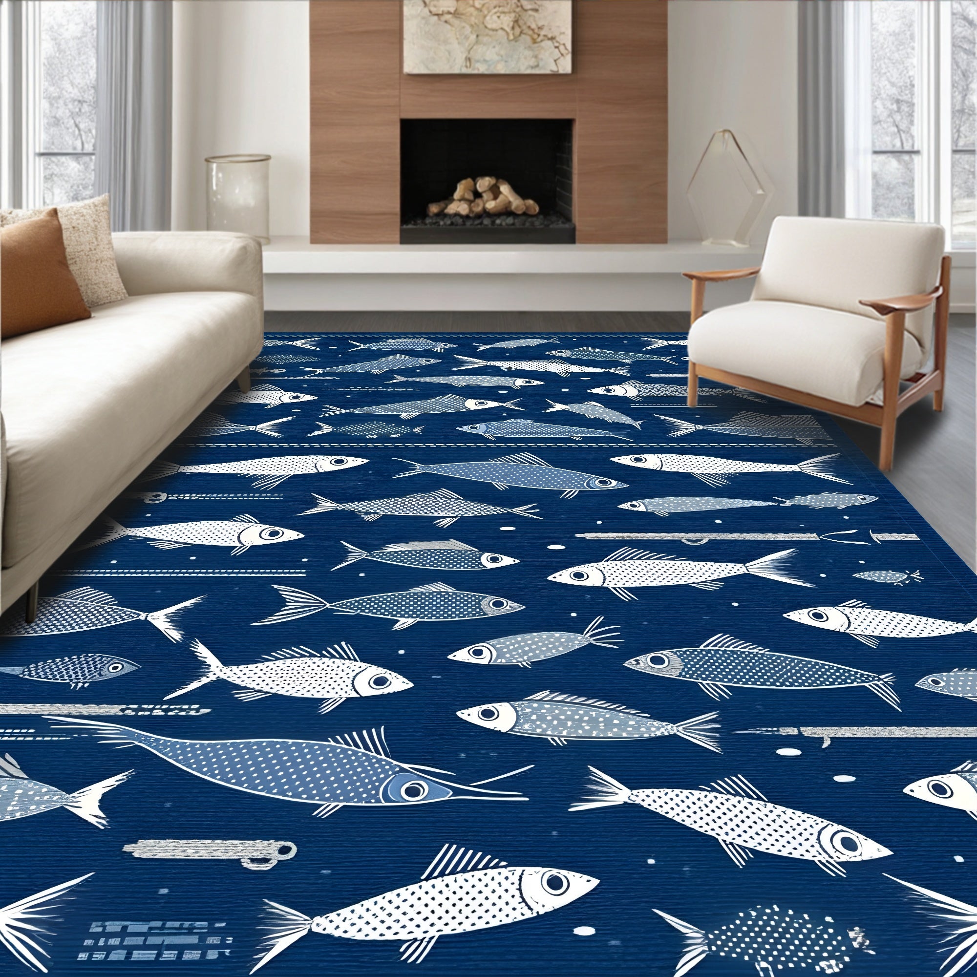 Navy Blue Playful Fish Pattern Rug(Blue)
