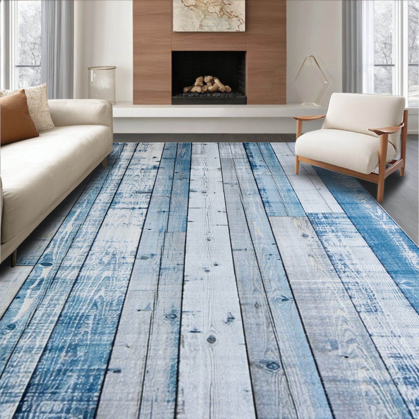 Weathered Blue Gray Plank Coastal Rug(Blue)