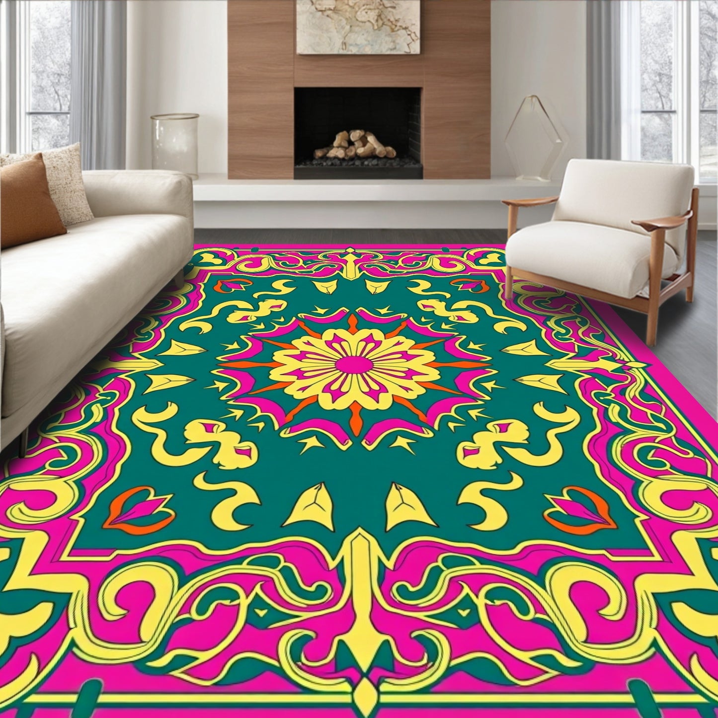 Vibrant Ornate Pink-Teal-Yellow Rug(Pink)