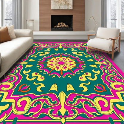 Vibrant Ornate Pink-Teal-Yellow Rug(Pink)