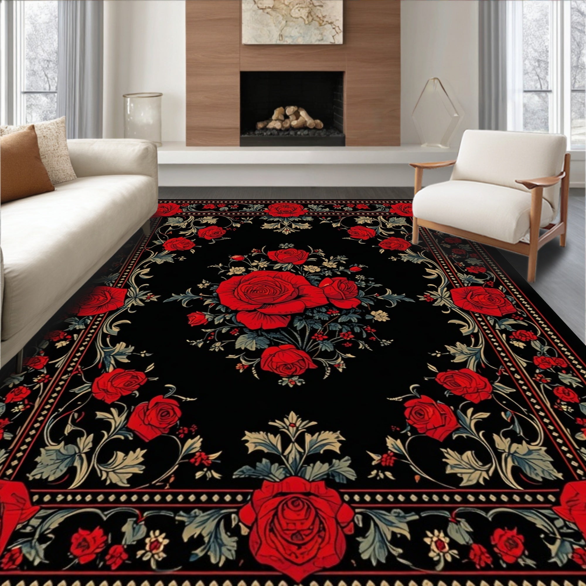 Elegant Red Floral Black Rug(Red)