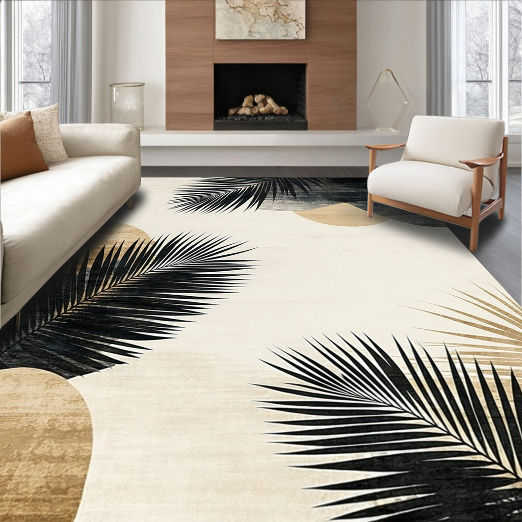 Beige Black Tropical Palm Leaf Rug