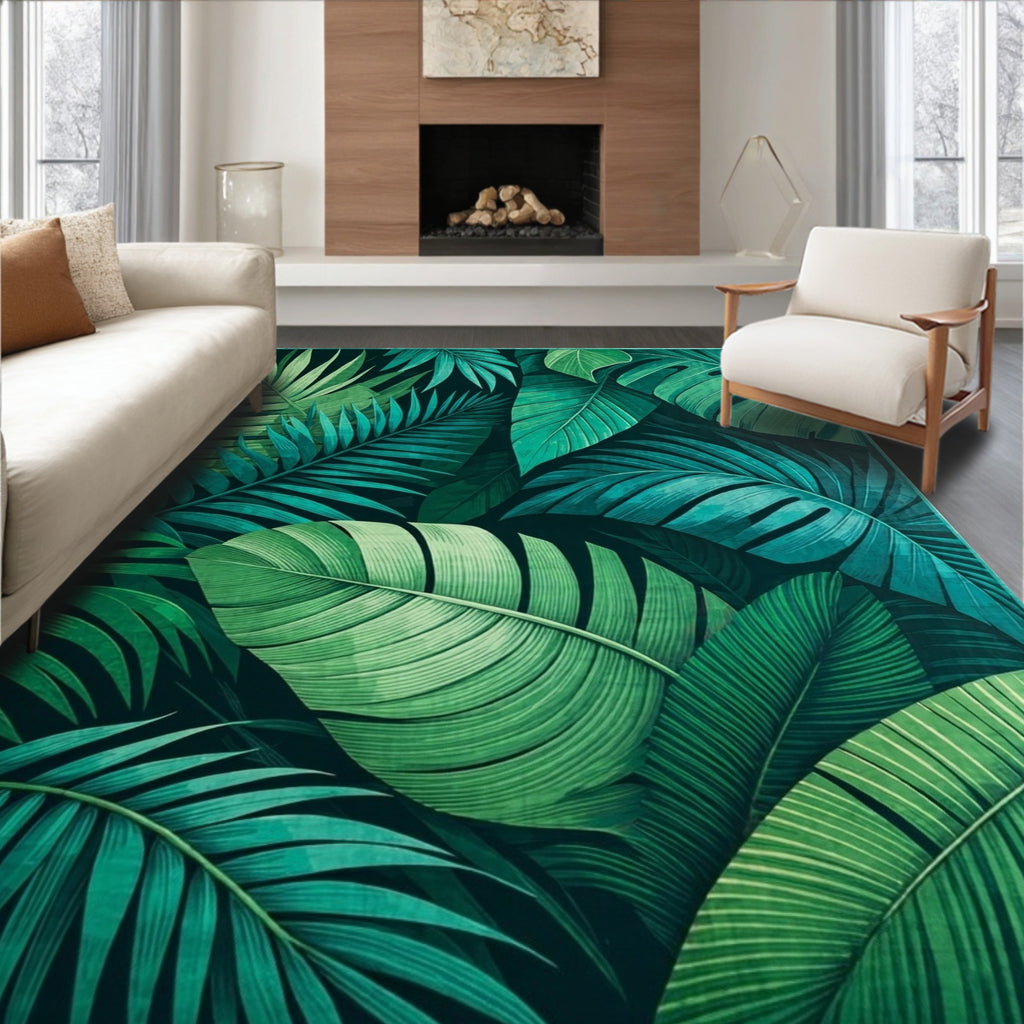 Teal-Green Tropical Leaves Vibrant Rug