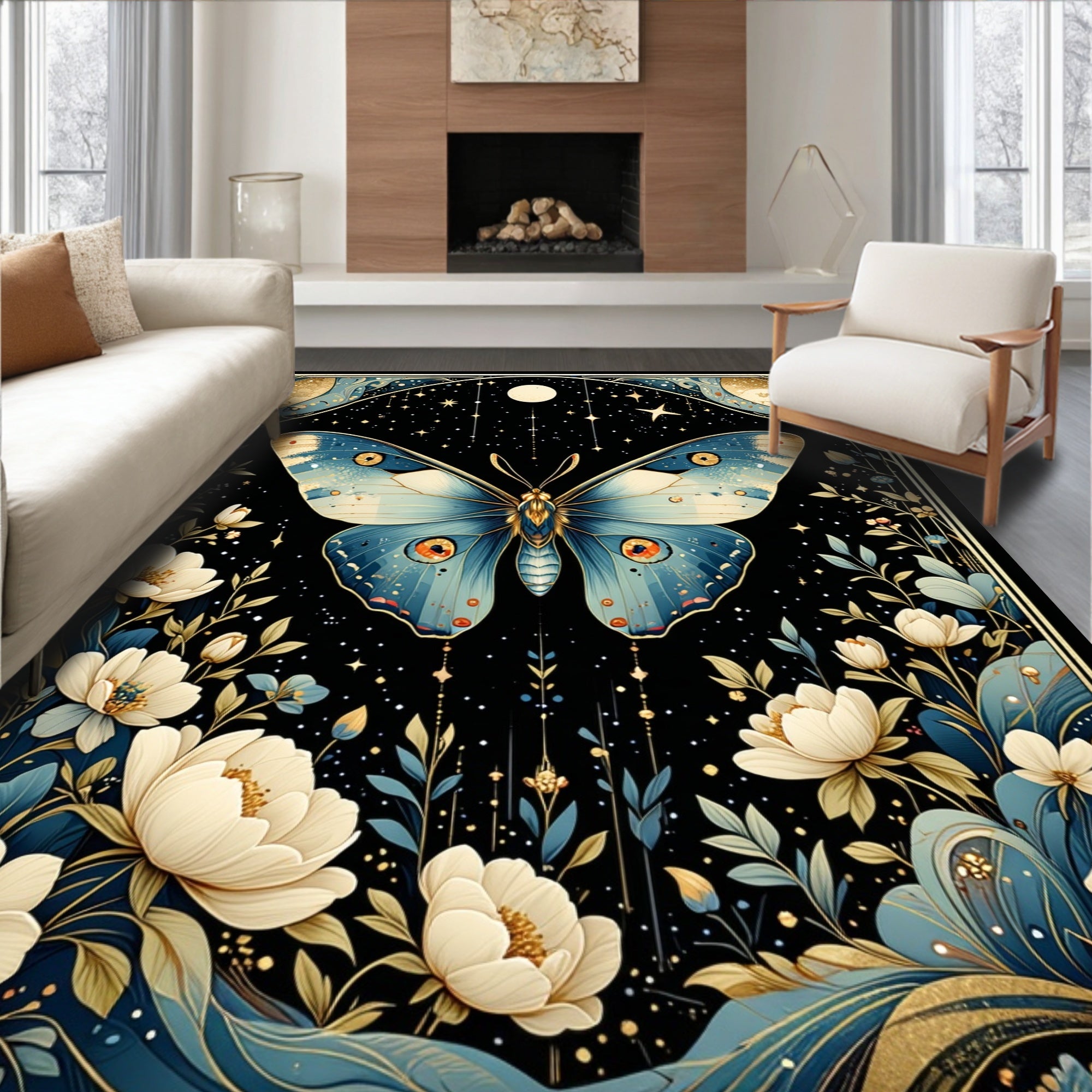 Celestial Blue Gold Butterfly Rug(Blue)