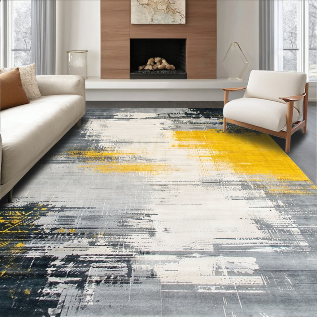Vibrant Yellow & Gray Abstract Modern Rug