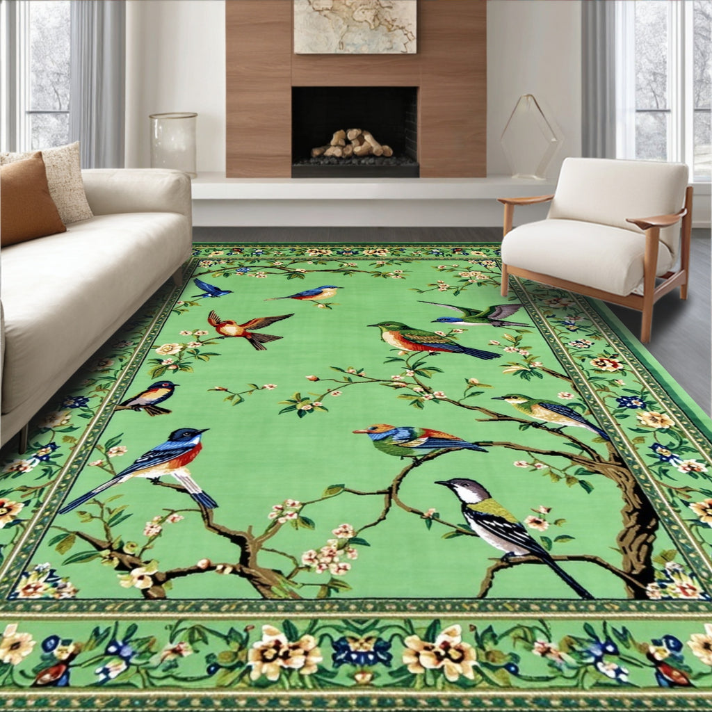 Green Bird Floral Vibrant Rug(Green)