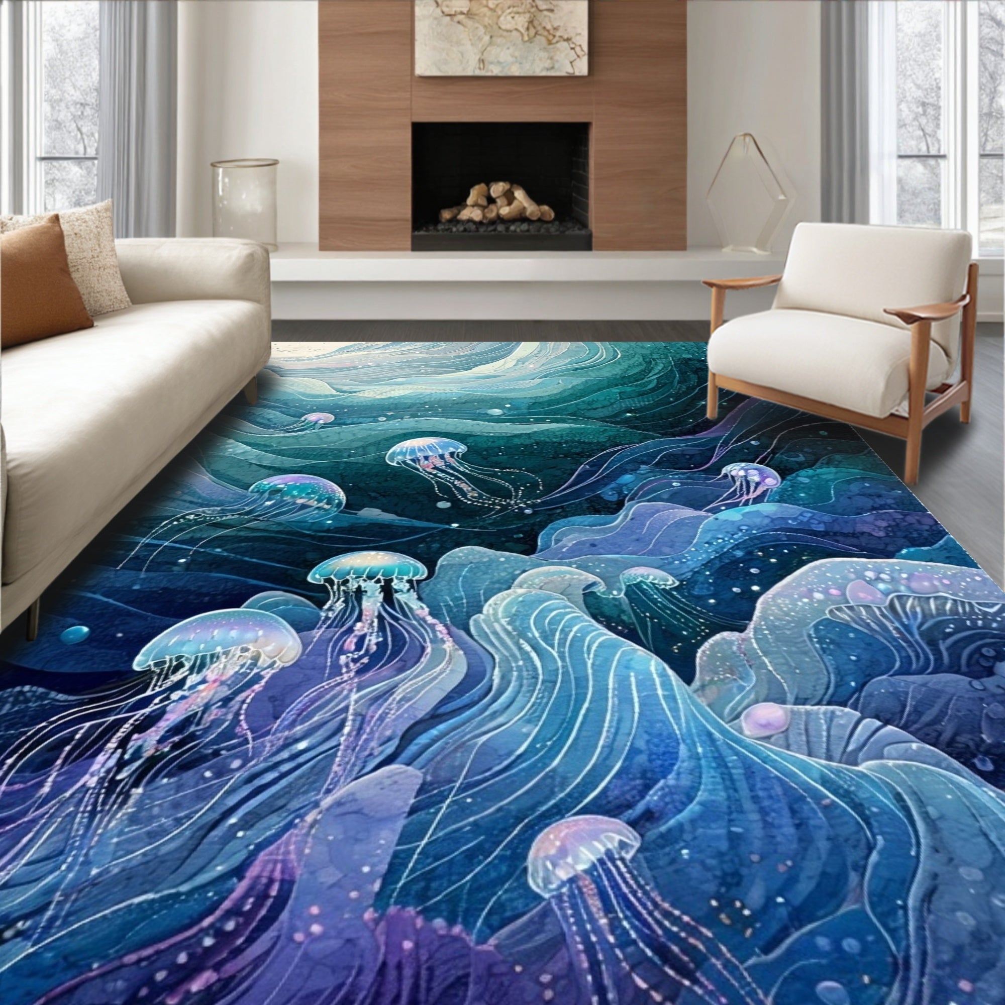 Dreamy Teal Blue Jellyfish Waves Rug