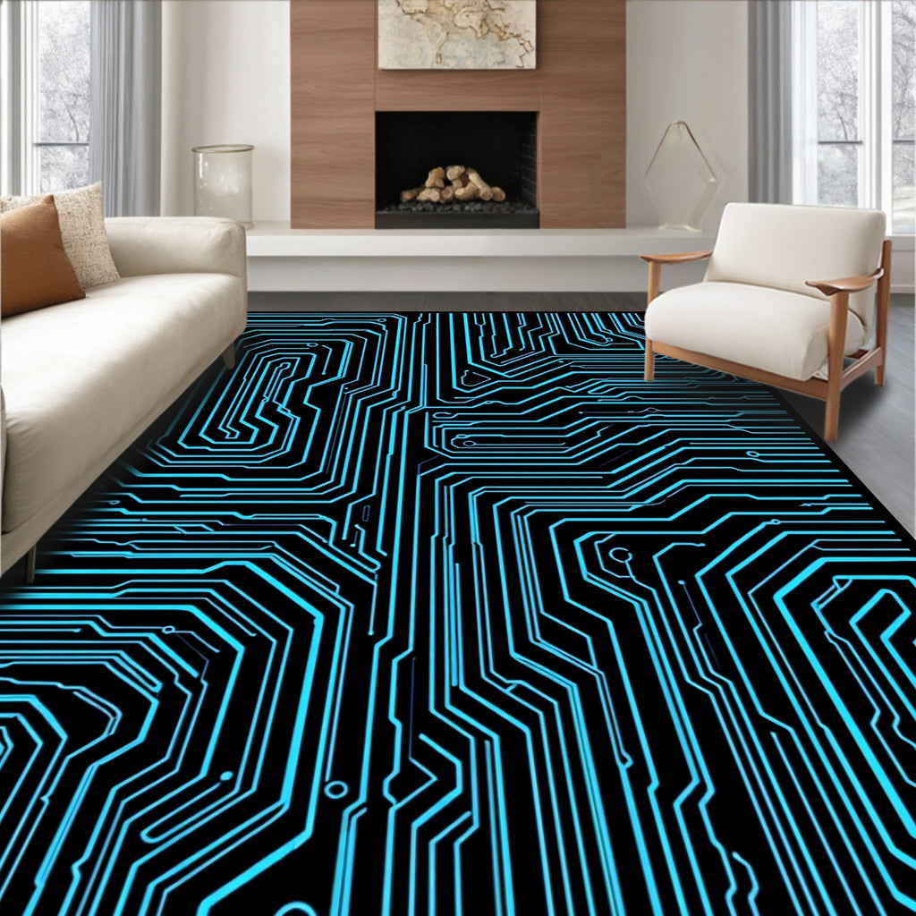 Electric Blue Circuit Board Futuristic Rug(Blue)