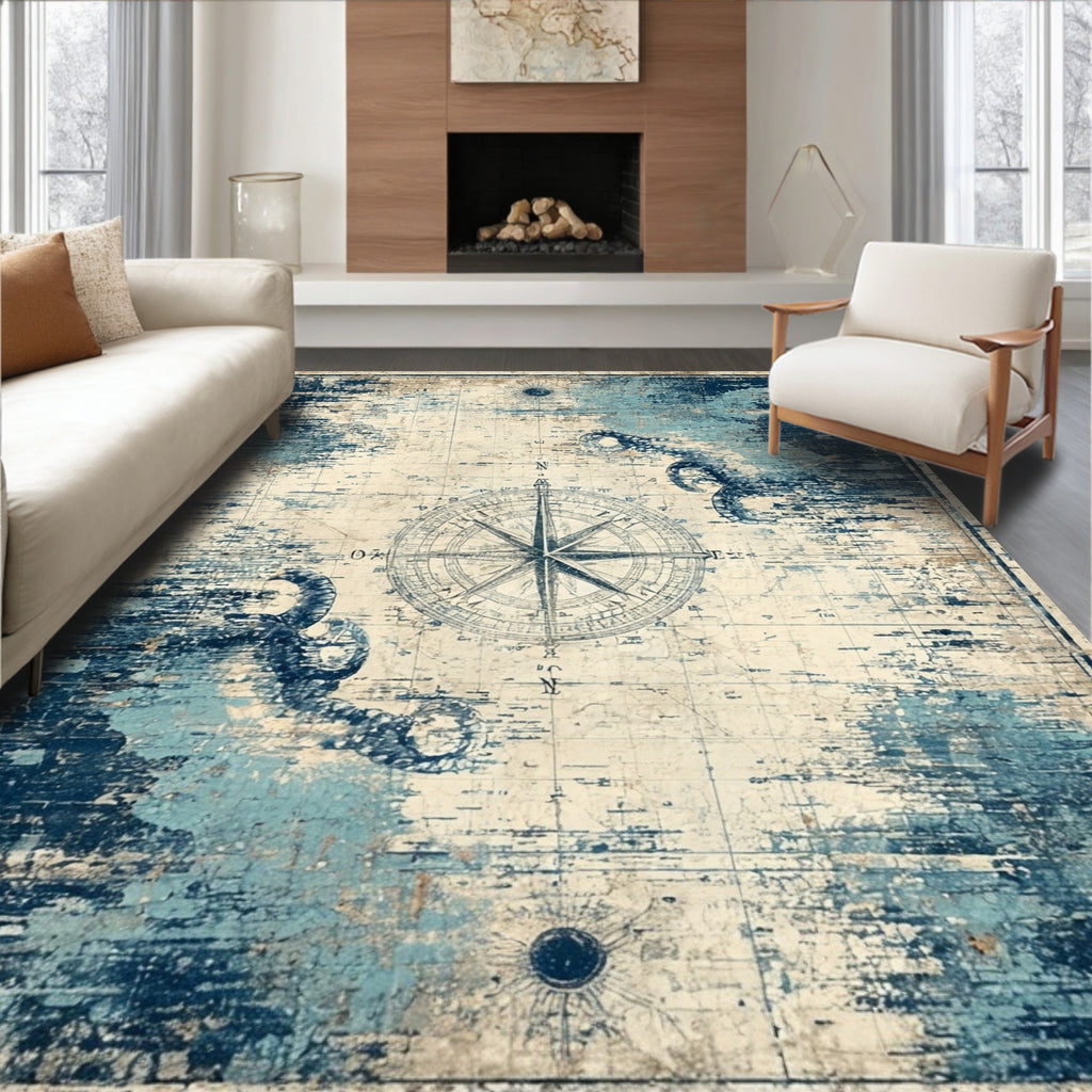 Blue Cream Vintage Nautical Rug(Blue)