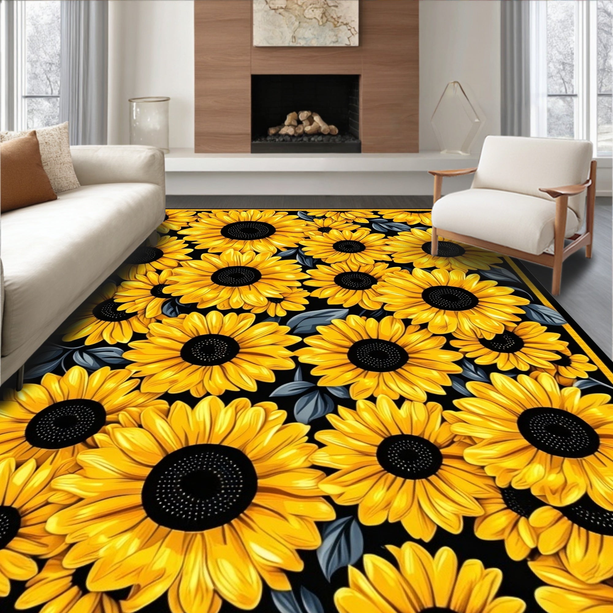 Vibrant Yellow Sunflower Print Rug(Yellow)