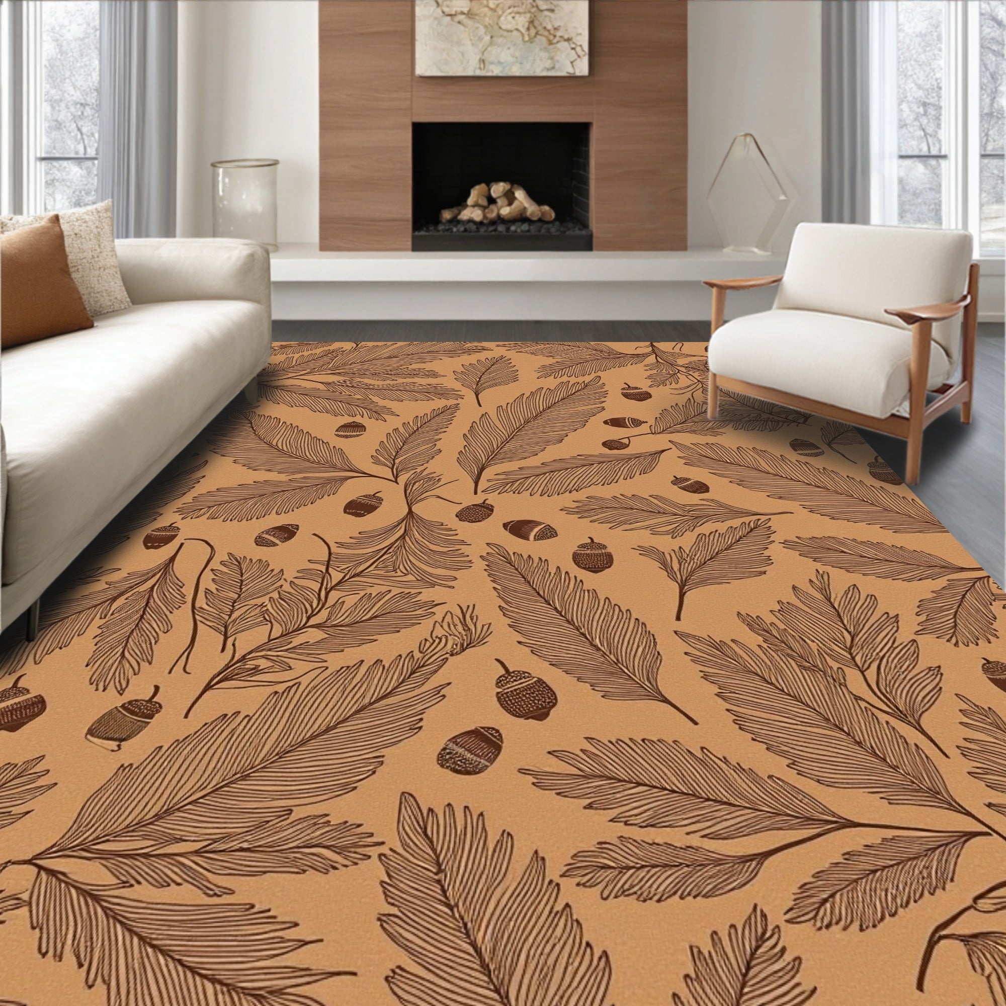 Warm Tan Leaf Acorn Rug(Brown)