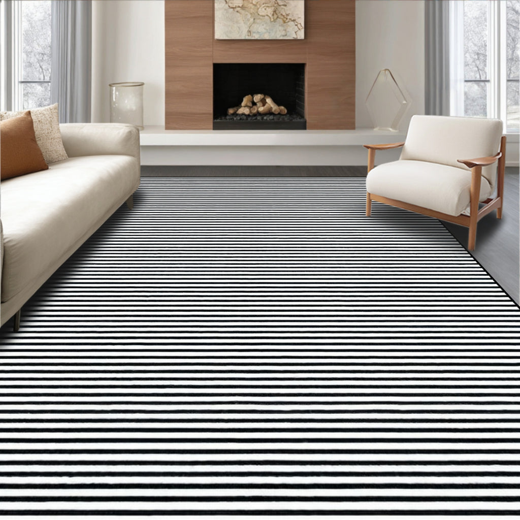 Sleek Black & White Striped Rug(Black)