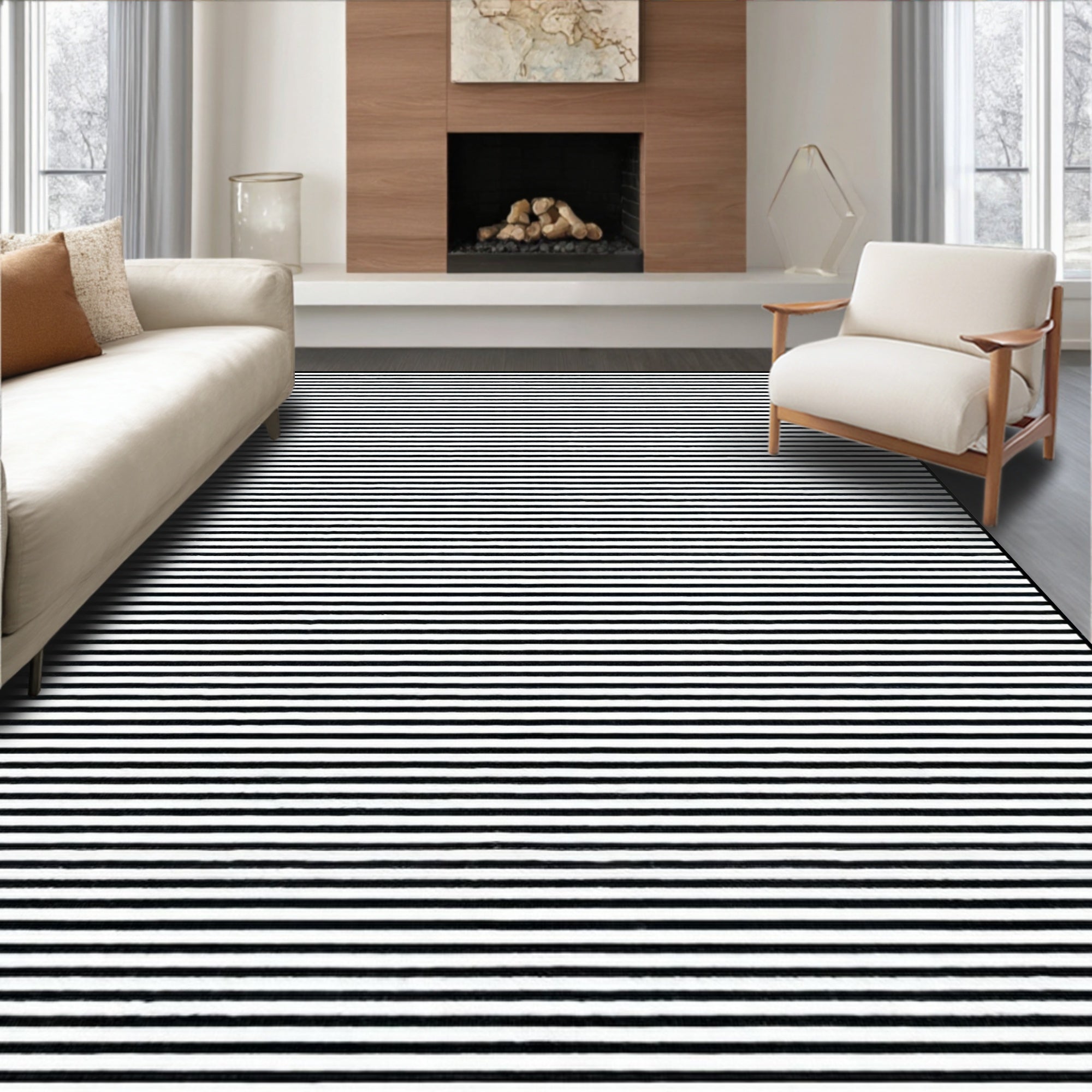 Sleek Black & White Striped Rug(Black)