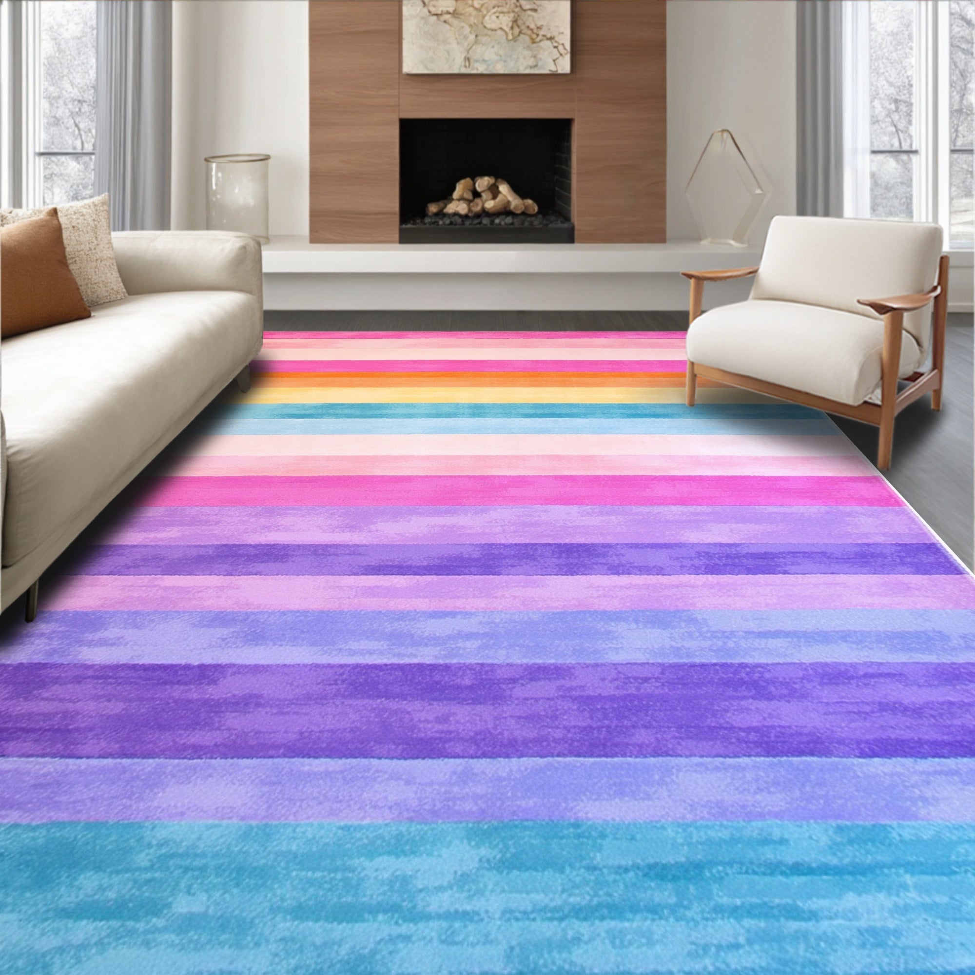Bright Rainbow Striped Joyful Rug(Pink)