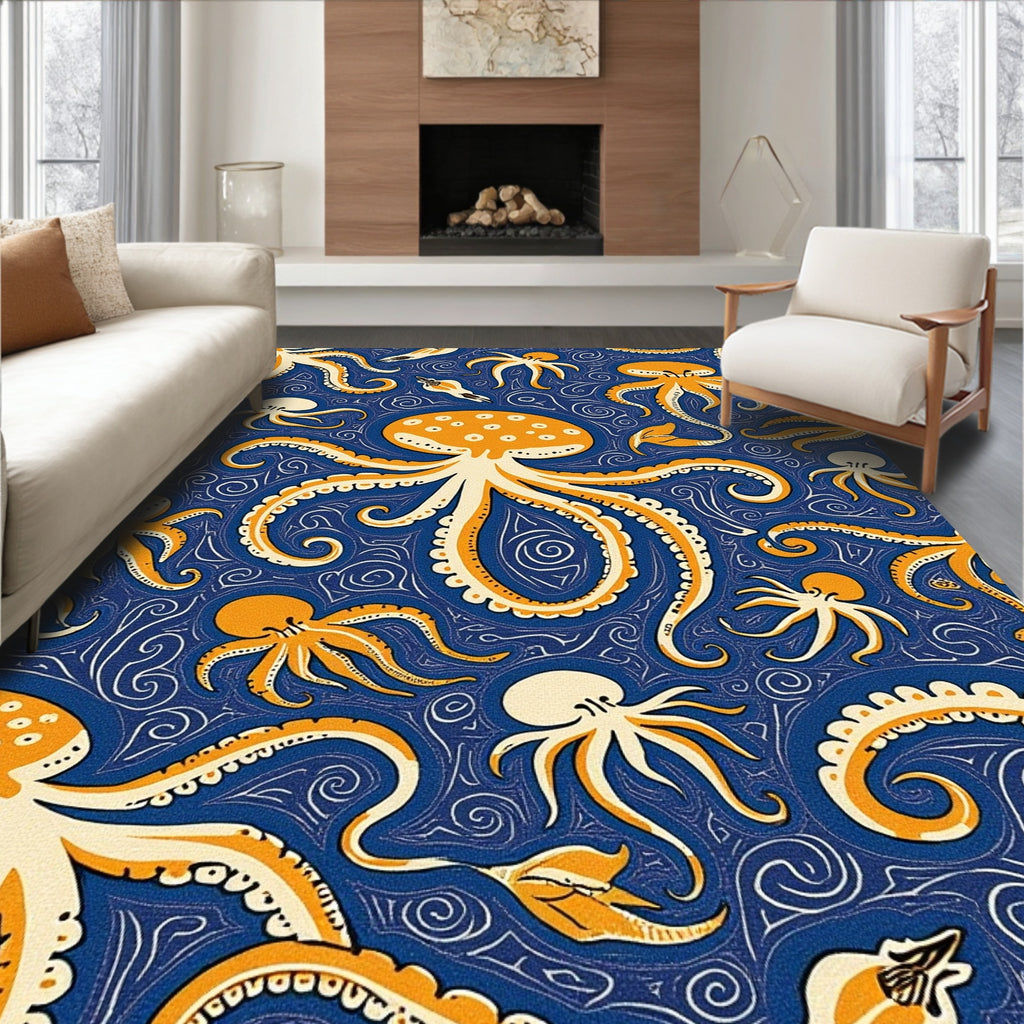 Playful Blue Orange Octopus Pattern Rug(Blue)