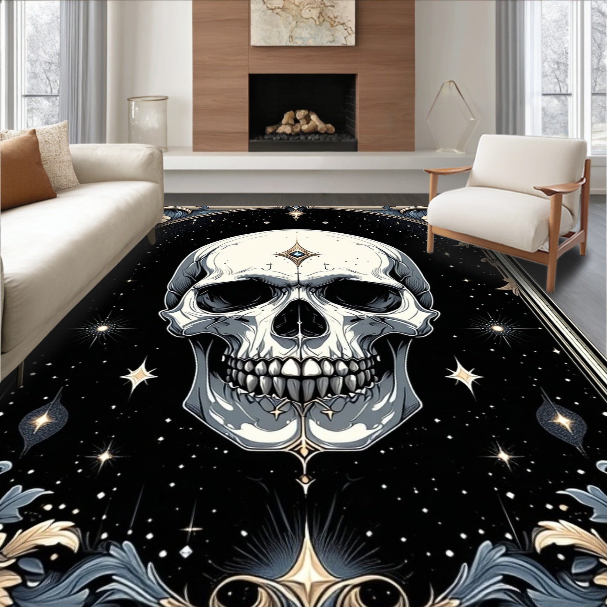 Mystical Black and White Skull Rug(Black)