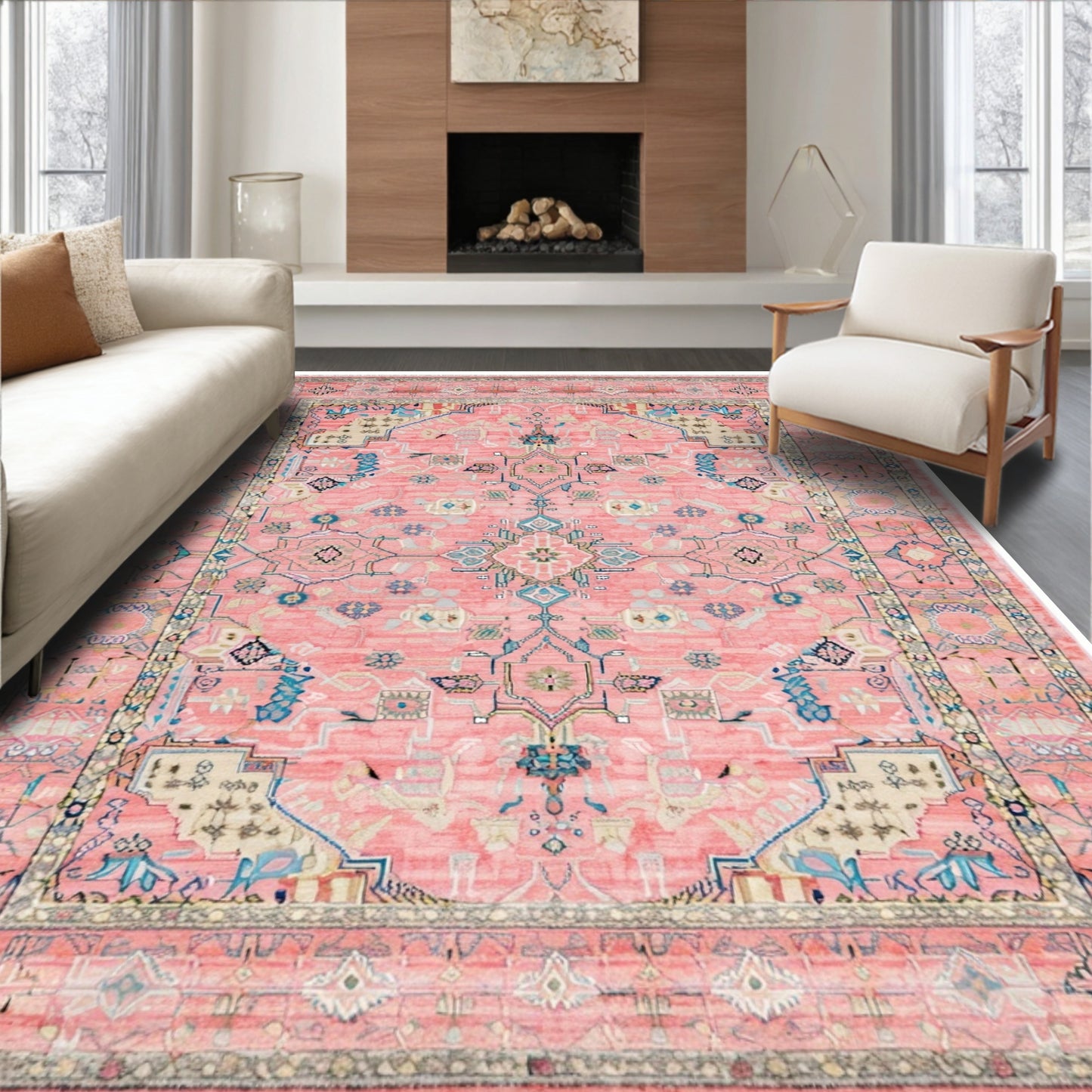 Coral Pink Ornate Vibrant Rug(Pink)