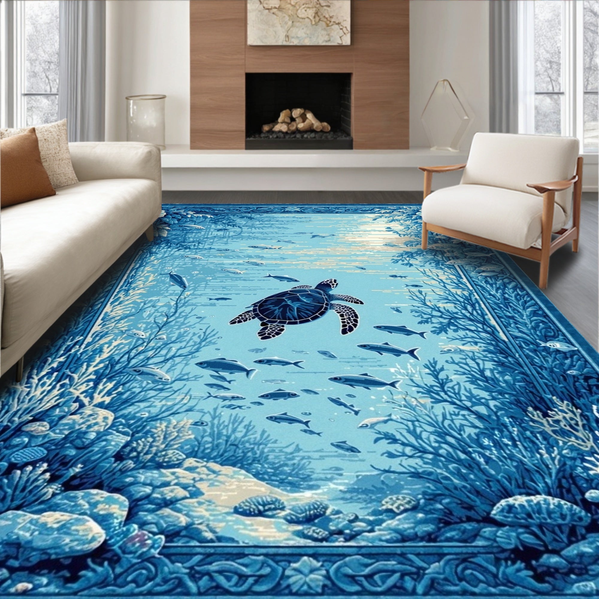 Ocean Blue Underwater Serene Rug(Blue)