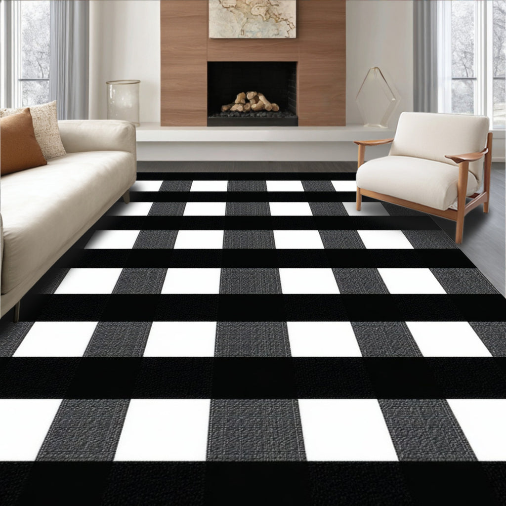 Modern Black & White Checkered Rug(Black)