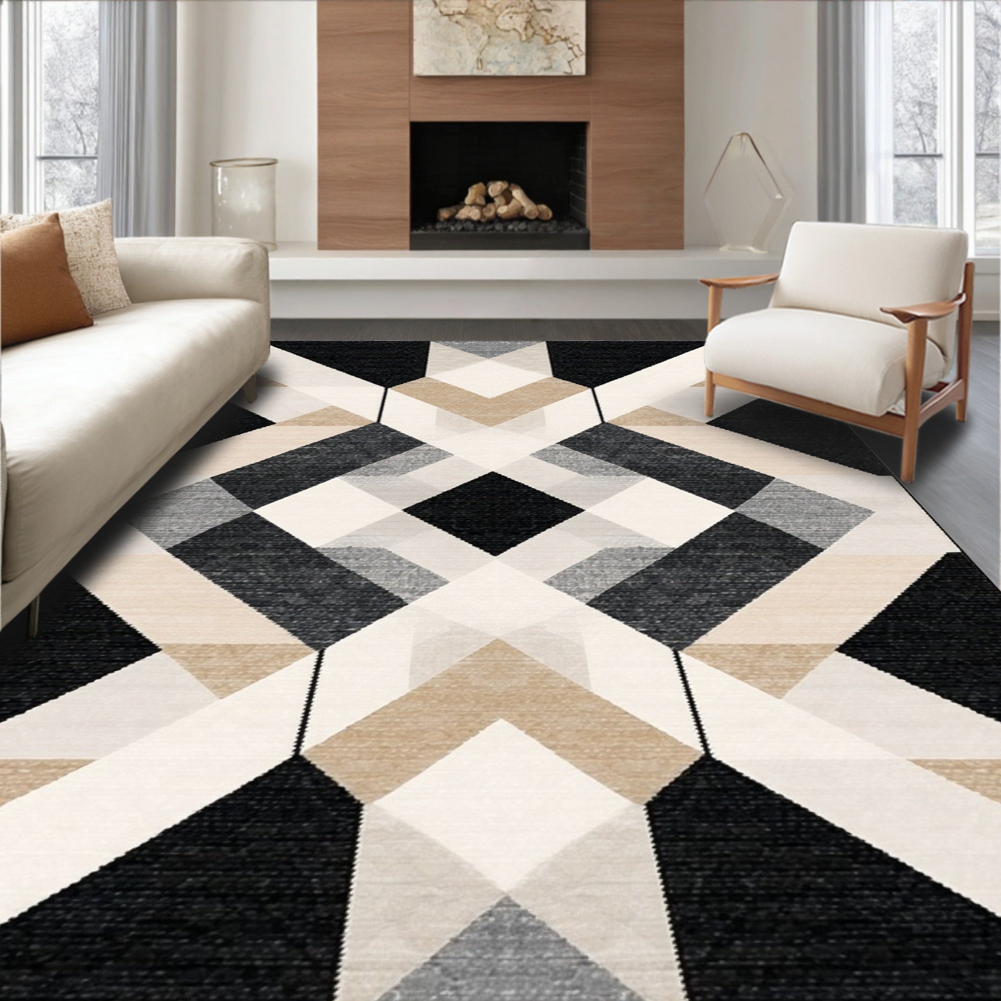 Modern Geometric Black & Beige Rug